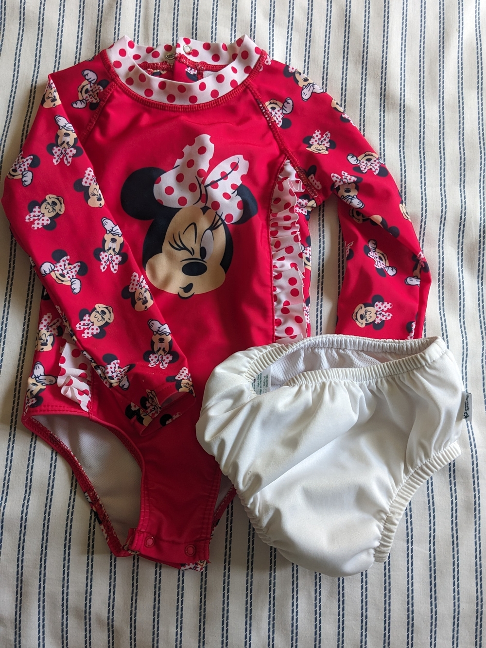 Disney Red Minnie Mouse Long-Sleeve One-Piece Swimsuit with White Swim Diaper